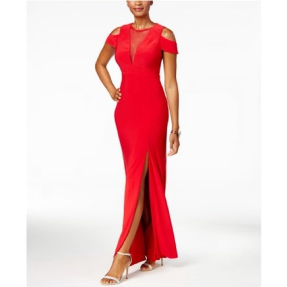 Macy’s nightway red cold shoulder maxi dress